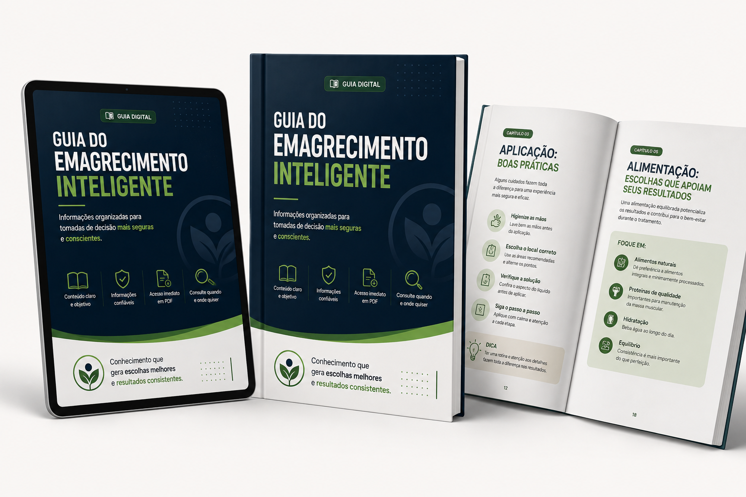 Mockup do Guia do Emagrecimento Inteligente aberto, mostrando o conteúdo interno